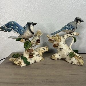 2 Vintage Blue Jay Perched On Log Resin Sculptures Figurines Beautiful Condition